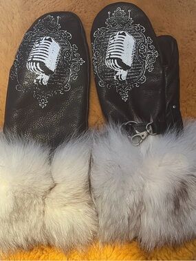 Black Leather Mittens with White Fur Trim and Microphone Print